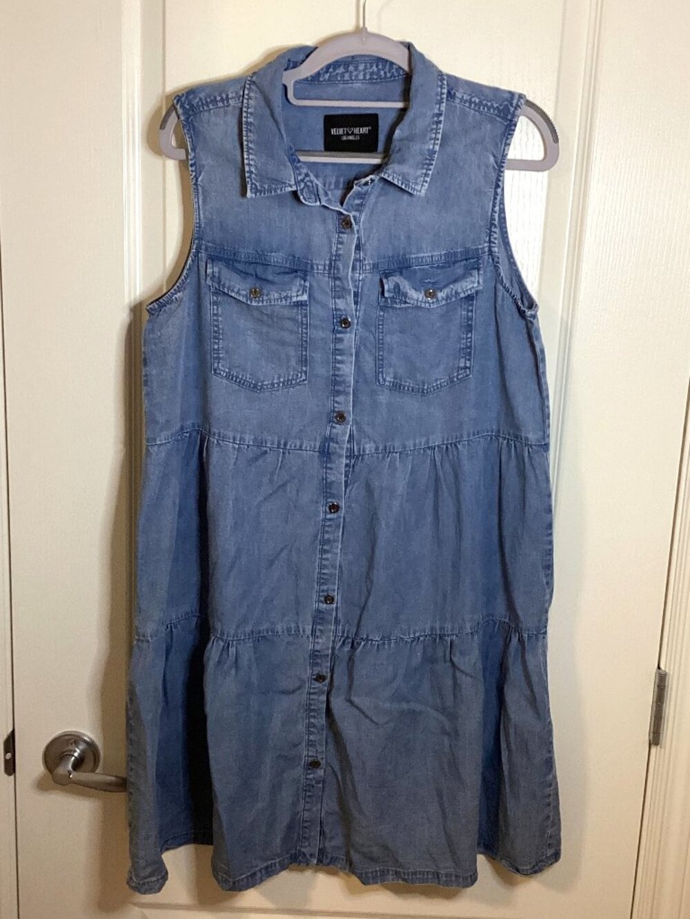Velvet Heart Women's Denim Sleeveless Button Down Mini Dress Loose Fitting